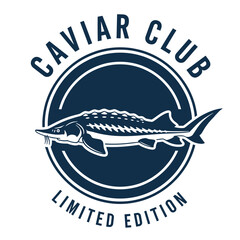Caviar club limited edition. Sturgeon fish artwork for t shirt print, poster, sticker and other uses. Caviar tin vintage artwork. Caviar t shirt design. Caviar love club. Fish t shirt design.