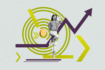 Image trend collage of person win with arrows coins button lines on grey color background
