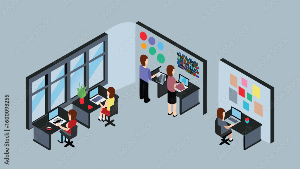 Poster isometric view of office space with employees working at desks with computers and colorful wall deco
