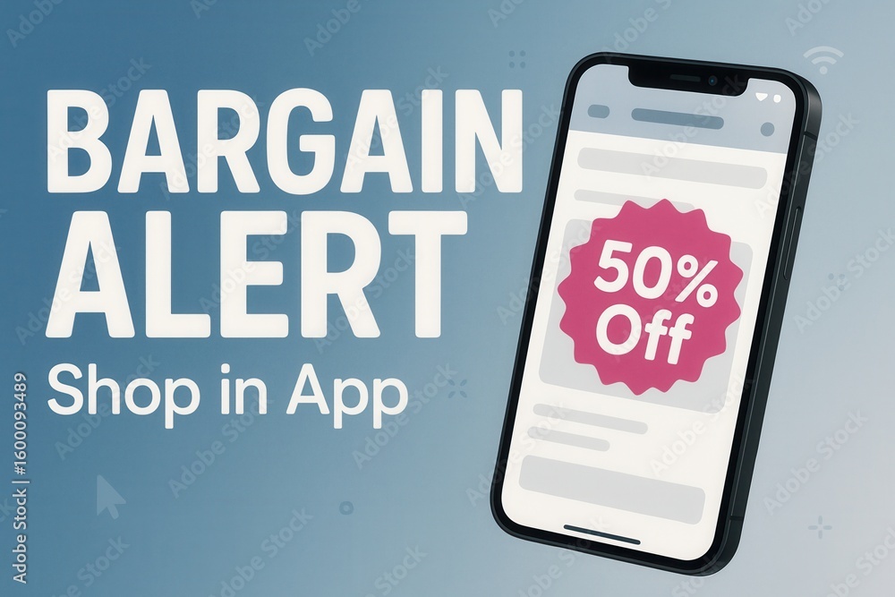 Aufkleber digital promotional image featuring a smartphone displaying a 50% off badge alongside text indicatin
