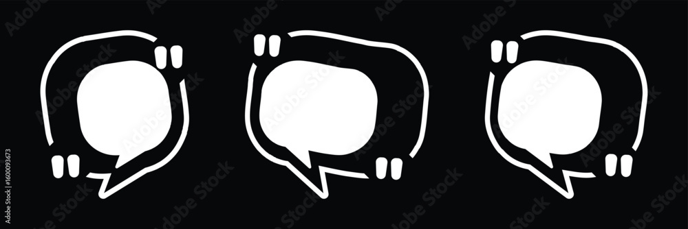 Poster collection of minimalist web icons featuring speech bubbles, quotation marks, and dialogue boxes for