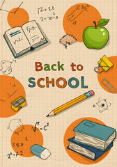 copy space, A vibrant, graphic design of a "Back to School" banner on a grid paper background, Welcome Back to school horizontal banner, doodle on checkered paper background, vector, illustration. 