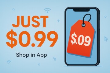 A digital advertisement features a large price tag of $0.99 with promotional text and a shopping tag displayed on a smartphone screen, promoting mobile app shopping deals.