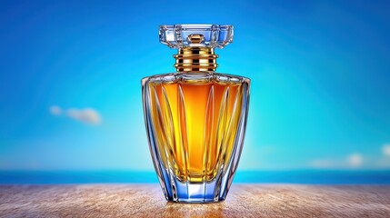 Amber Perfume Bottle on Sandy Beach Under Blue Sky