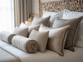 Assortment of plush decorative pillows on a king size bed