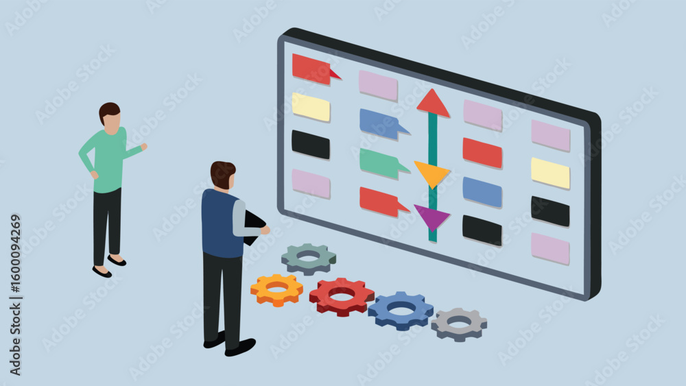 Poster two people discussing a project with gears and sticky notes on a large screen display board shown