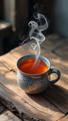 Warm Herbal Tea in a Speckled Mug on a Rustic Table