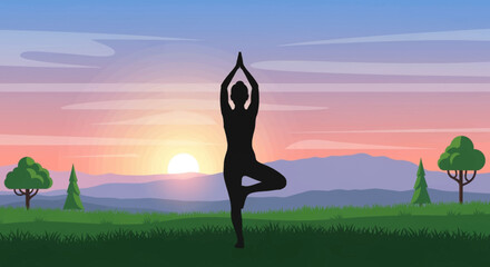 Silhouette of person practicing yoga tree pose at sunrise in peaceful landscape