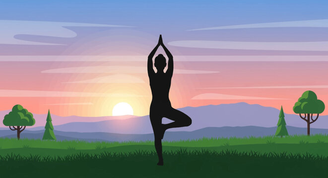 Silhouette of person practicing yoga tree pose at sunrise in peaceful landscape