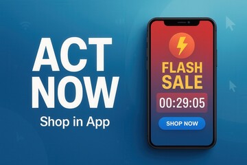 A promotional image displays a smartphone with a countdown timer for a flash sale and the text "Act Now, Shop in App" against a blue background, emphasizing urgency in online shopping.