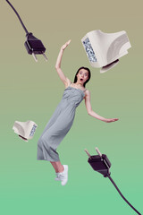 Creative pop collage of young girl falling on green color background with plug computer