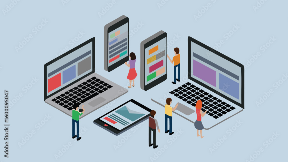 Poster isometric view of people interacting with laptops smartphones and a tablet device in a group setting