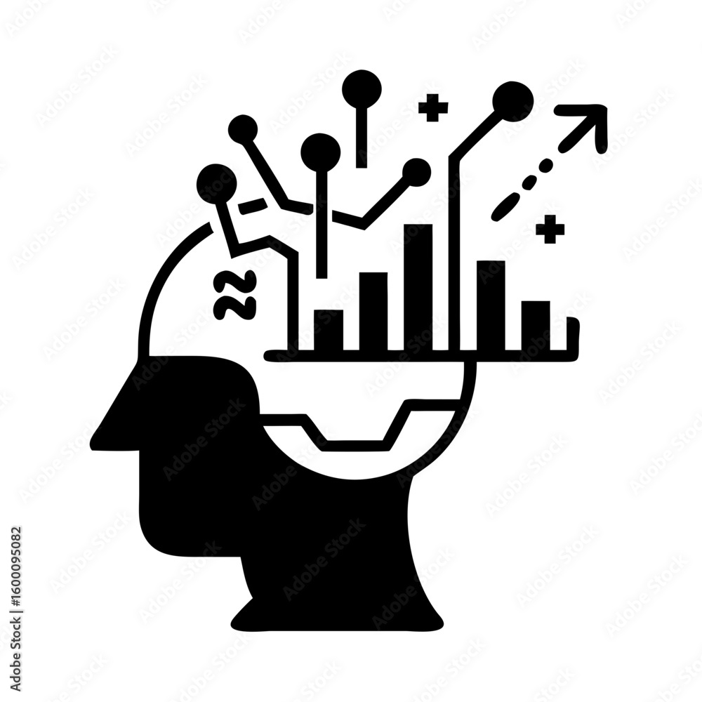 Poster abstract representation of a human head filled with data analysis and growth charts, symbolizing int