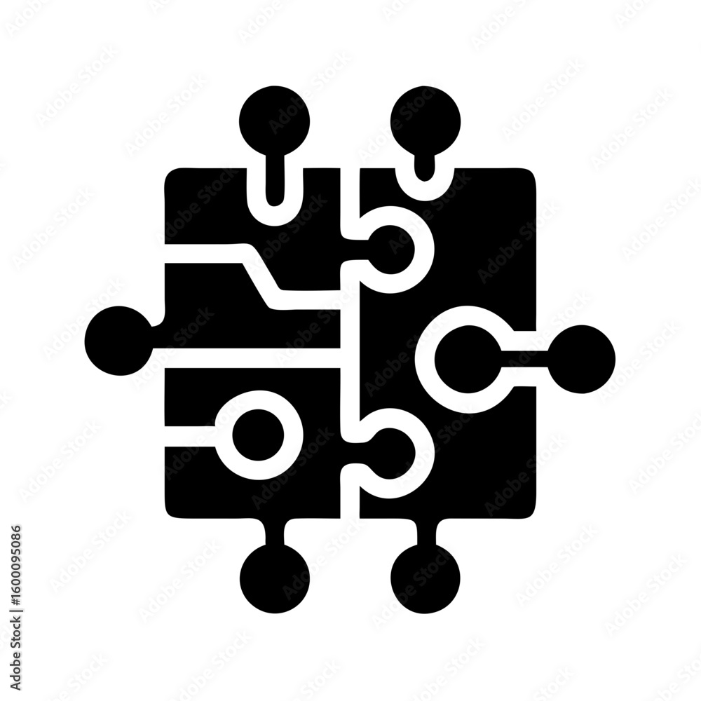 Aufkleber a black icon representing a puzzle piece with integrated circuit board lines and connection points
