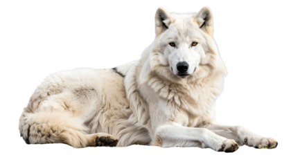 White wolf with soft and majestic fur, wolf relaxing on the ground, isolated on transparent background