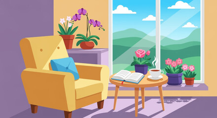 Cozy armchair by the window with coffee and flowers, enjoying a peaceful moment