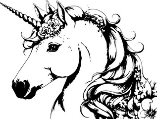 A black and white illustration shows a majestic unicorn with flowing mane