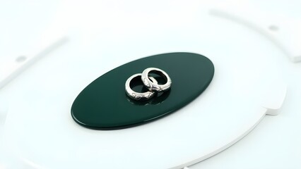 Two intricately designed interlocking silver rings with a subtle shine and textured finish, placed centrally on a dark emerald green oval shape with a smooth and glossy appearance, set against a clean
