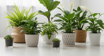 Fototapeta premium Collection of various houseplants in pots isolated on white background