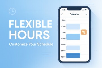 A mobile phone screen displays a calendar app with scheduled events, accompanied by the text "Flexible Hours" on a blue background, emphasizing customizable scheduling.