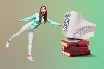 Creative collage of happy girl businesswoman feel fun touch computer screen on green color...