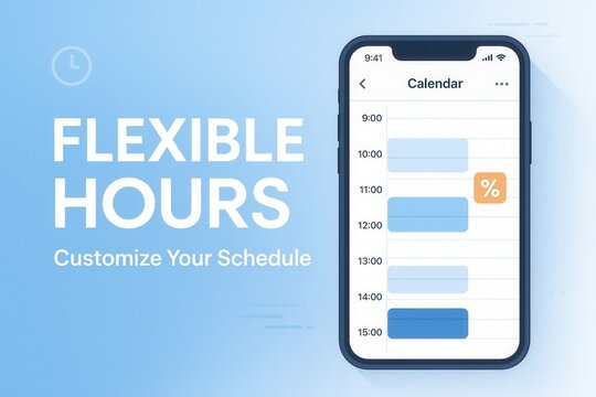 A mobile phone screen displays a calendar app with scheduled events, accompanied by the text "Flexible Hours" on a blue background, emphasizing customizable scheduling. - Powered by Adobe