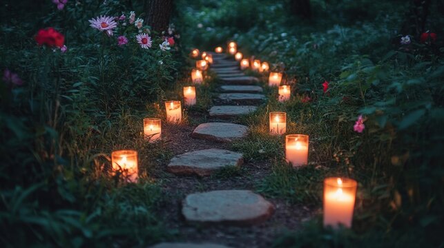 Garden path lit by candles at dusk