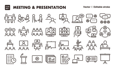 Meeting and presentation line icon set. Vector editable stroke icon.