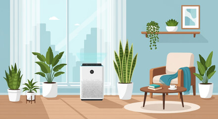 Modern living room with air purifier and plants, natural light from windows, city skyline view