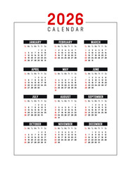 Year 2026 red black vertical calendar on white background, vector template in English