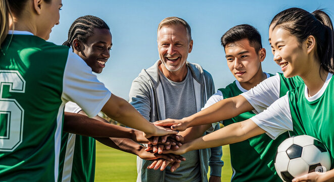 Diverse Youth Soccer Team and Coach Huddle – Teamwork, Sportsmanship & Athletic Success