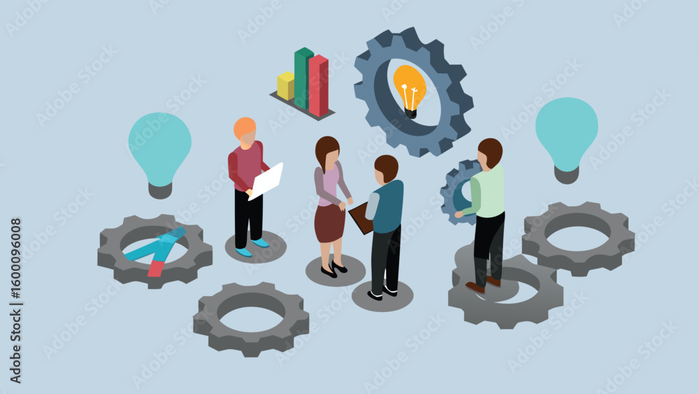 Aufkleber isometric illustration of business team collaborating with gears and data charts for innovation and 