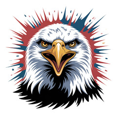 Fototapeta premium Fierce bald eagle head with red white and blue abstract explosion isolated on a transparent background