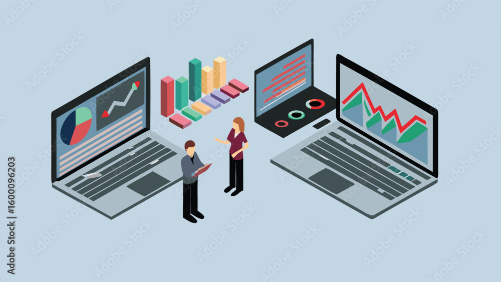 Poster isometric view of business meeting with laptops displaying charts and graphs in a light blue scene