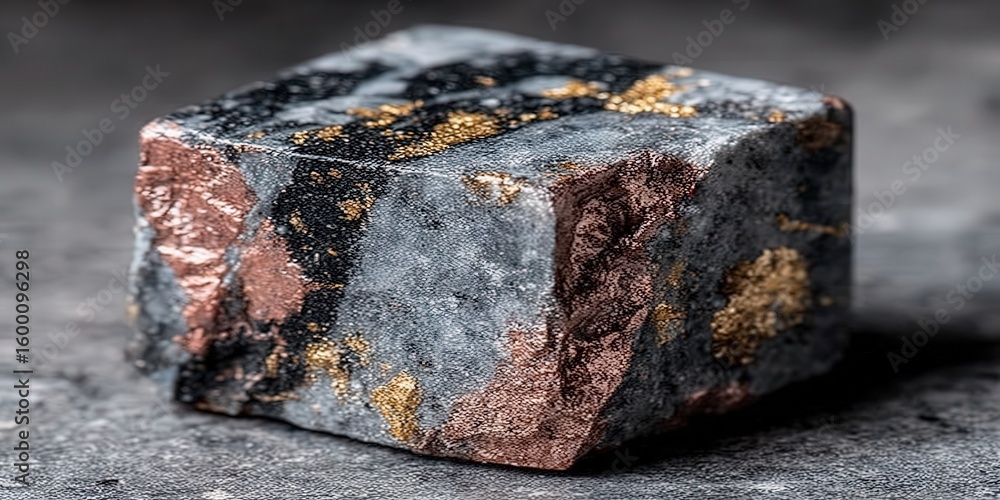 Poster close up of an abstract mineral specimen with multiple color and textures on stone surface