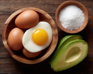 Fresh organic farm eggs with a cooked sunny side up egg yolk in a wooden bowl, ripe avocado and salt powder on a wooden surface, healthy food ingredients