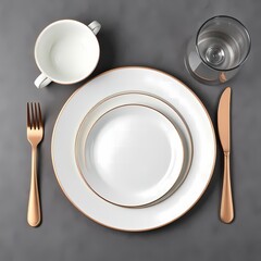 Elegant table setting featuring white plates with gold accents, golden cutlery, crystal glasses, and floral decorations with white roses on a light background.