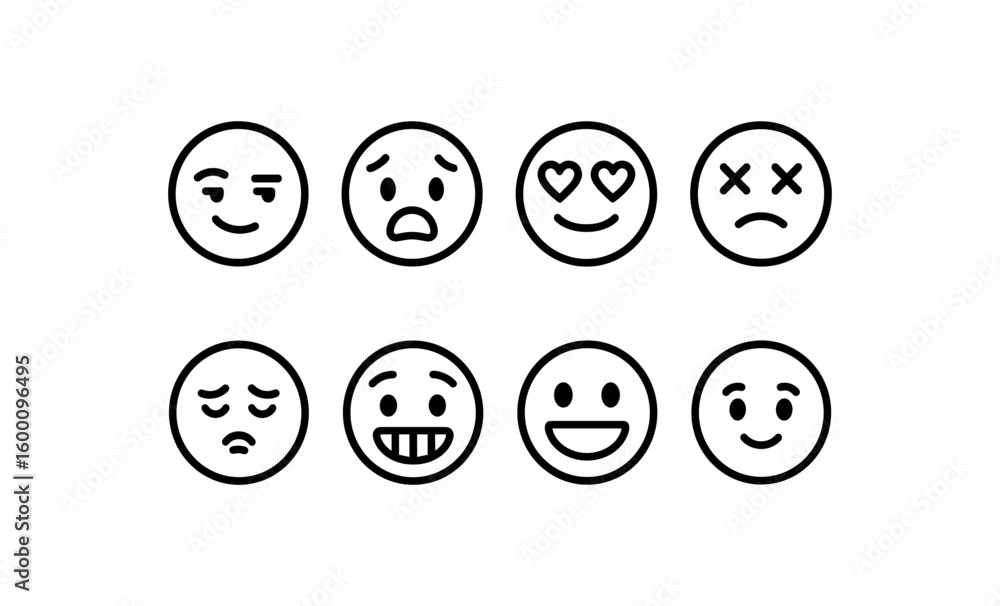Poster set of simple emotion faces with various expressions in outline style