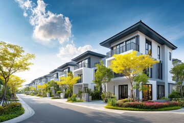 Modern contemporary multi-story residential townhouses with large lush greenery surrounding a sunny day in a planned community