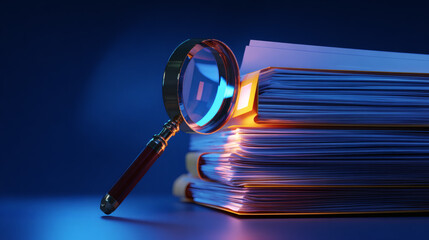 A magnifying glass with documents symbolizes the search for information of legal law