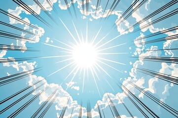 Comic-Style Sky Background with Light Rays, Fluffy Clouds, Bold Lines, Halftone Effects, and Energetic Vibe
