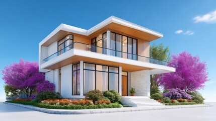 Modern two-story house with large glass and balconies surrounded by colorful flowe trees and landscaped garden under blue sky