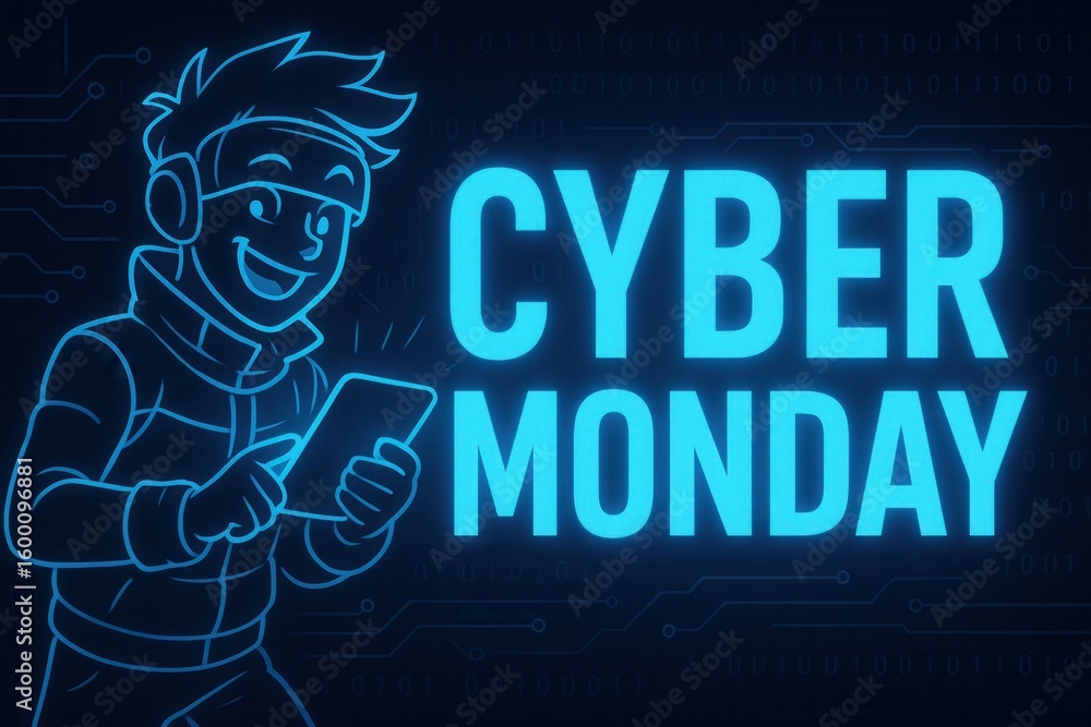 Poster neon-style illustration featuring a person using a tablet alongside the prominent text 