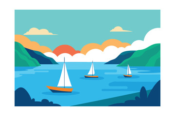 Naklejka premium Scenic View Of A Calm Bay With Sailboats