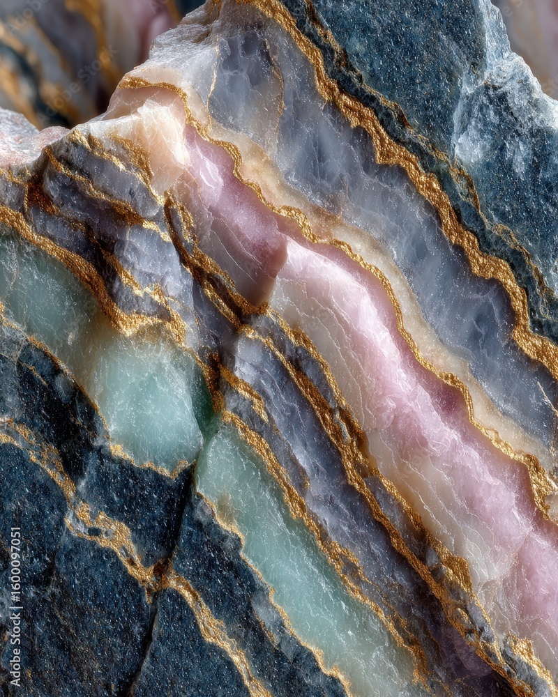 Poster close-up of a beautiful and colorful rock formation with layered texture. the stone displays various