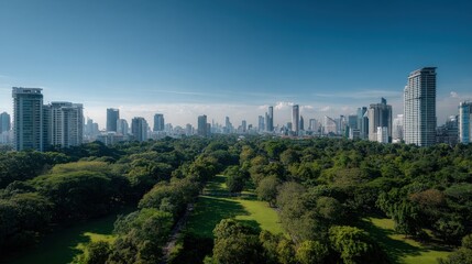 Obraz premium Modern city skyline with tall skyscrapers and green park in the foreground under a clear blue sky du daytime