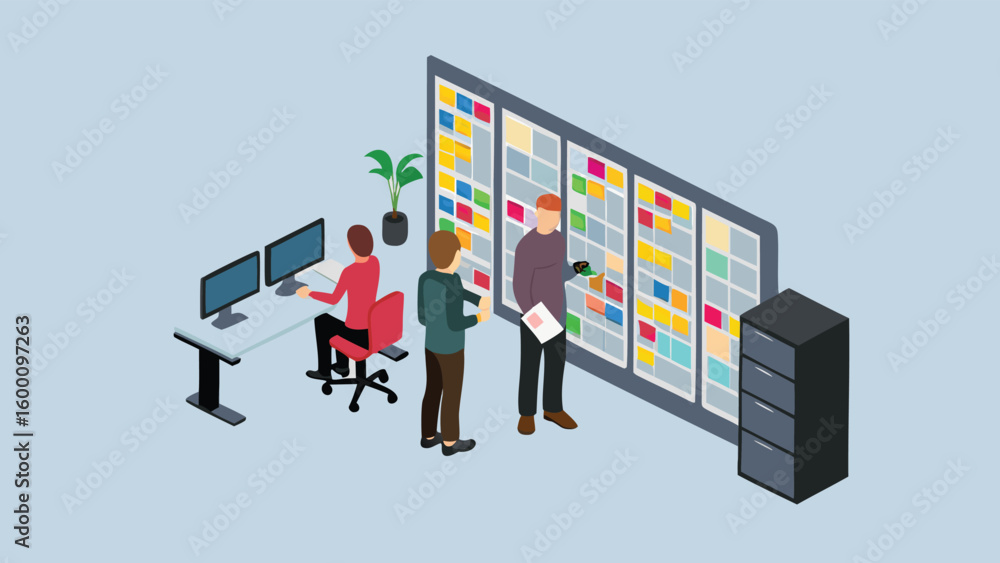 Poster isometric view of three people in an office discussing tasks on a kanban board and working at a desk