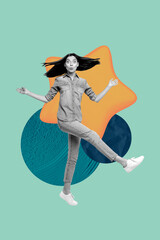 Artwork photo vertical collage of shocked businesswoman receive star mark development statistics...