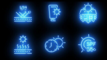 Futuristic neon icons of science lab, clock, virus, atom, planet, and digital brain	 - Powered by Adobe