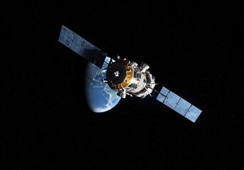 A telecommunications satellite with solar panels orbits Earth, symbolizing global connection and future technology. This spacecraft represents celestial exploration and science.